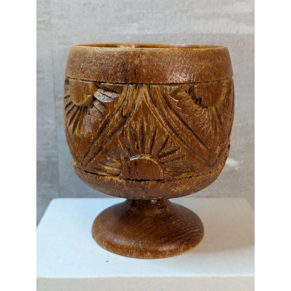 Vintage Hand Carved Wooden Pedestal Bowl Rustic Folk Art Trinket Candy Dish Cup